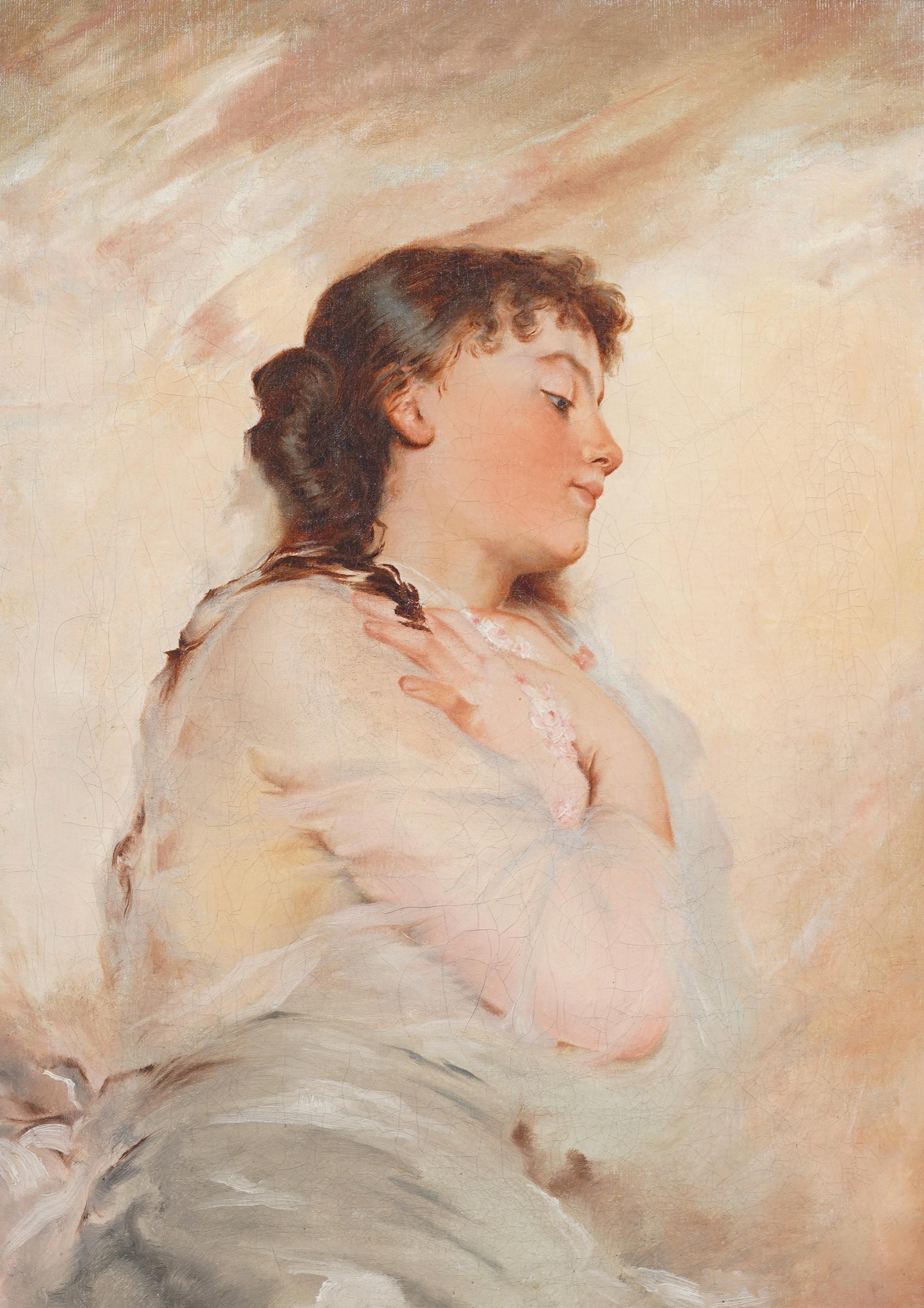 19. Jahrhundert Europäische Realist Jugendstil Junge Frau Porträt Gerahmte Malerei (Beige), Interior Painting, von Unknown