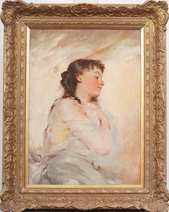 19th Century European Realist Art Nouveau Young Woman Portrait Framed Painting