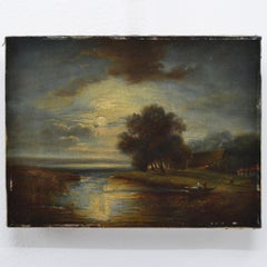19th Century European Romantic Moonlit River Landscape Oil Canvas Signed
