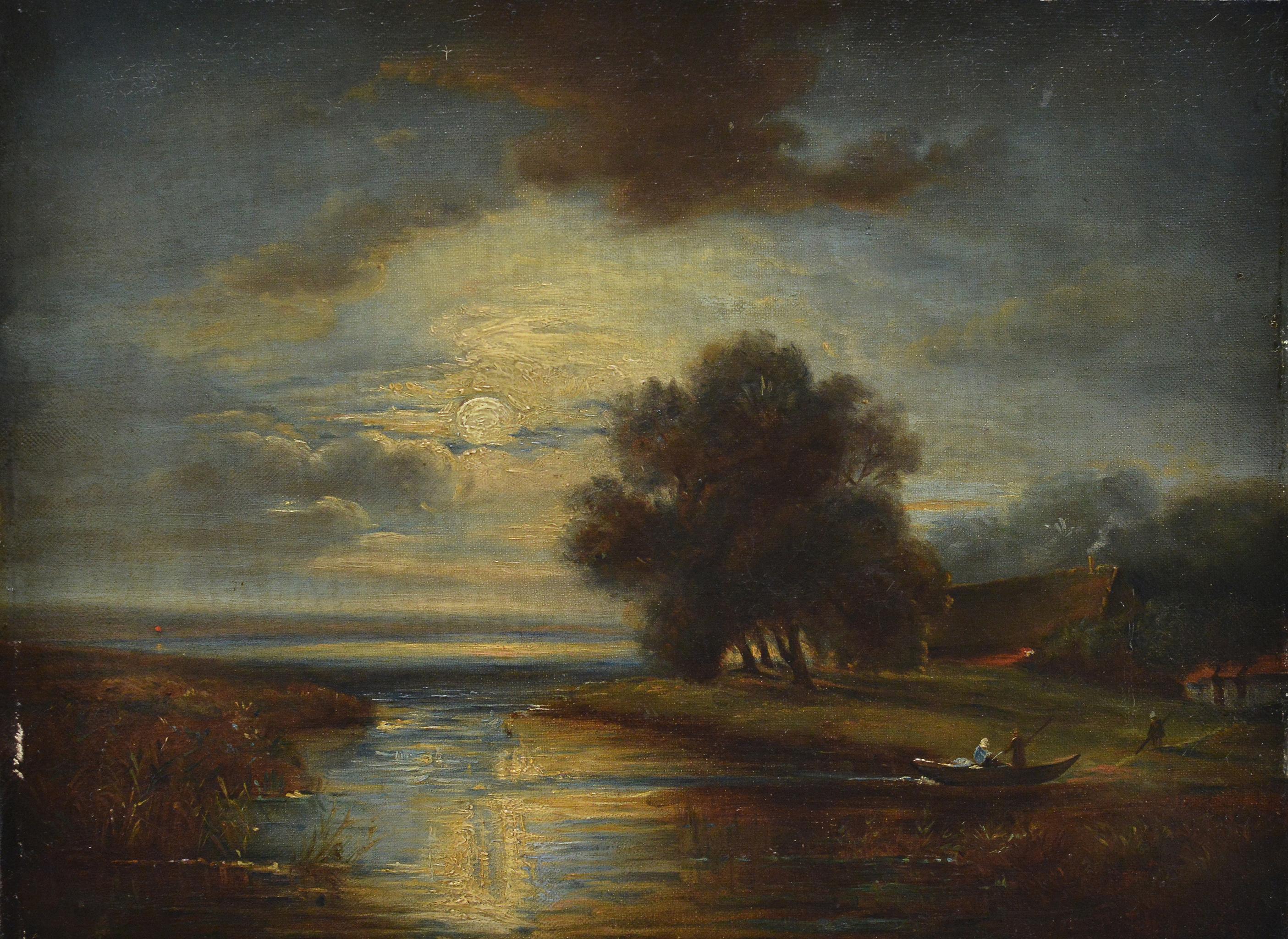 19th Century European Romantic Moonlit River Landscape Oil Canvas Signed