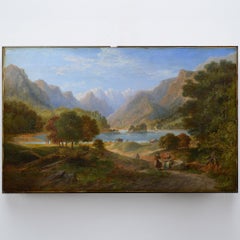 Panorama romantico europeo del XIX secolo con lago alpino, dipinto a olio su tela, firmato