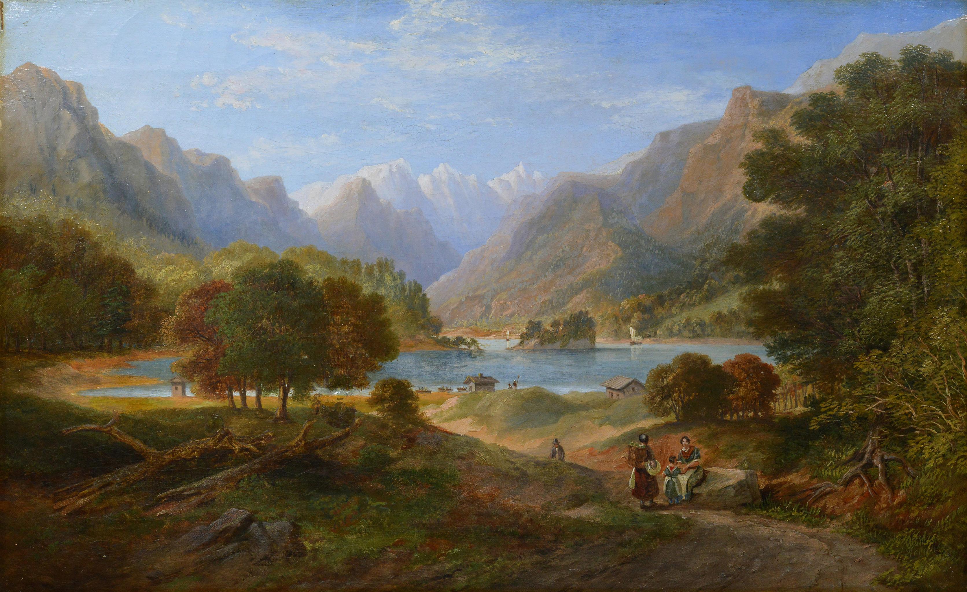 19th Century European Romantic Panoramic Alpine Lake Landscape Oil Canvas Signed