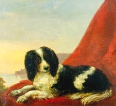 Spaniel europeo sobre tela roja con vista a la costa,  hacia 1800