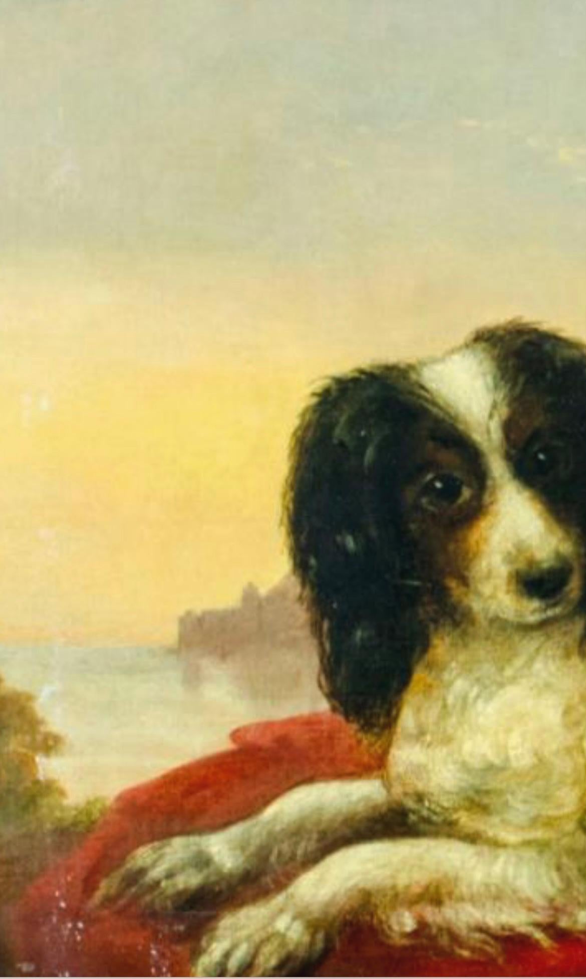 Spaniel europeo sobre tela roja con vista a la costa,  hacia 1800 - Landscape Painting Beige de Unknown