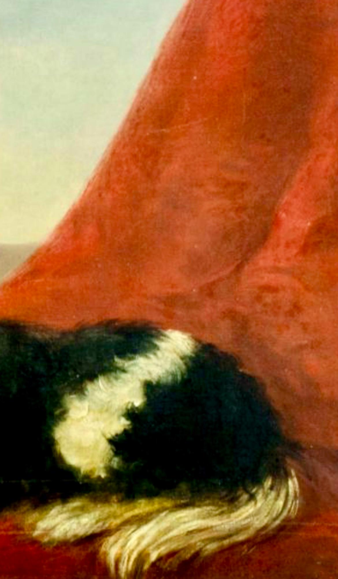 King Charles Spaniel en blanco y negro sobre fondo rojo vivo con vista costera italianizante y cielos, una mascota regia está pintada con óleo sobre lienzo, data del siglo XIX/principios del XX.  El rojo negro y el blanco son opciones dramáticas con
