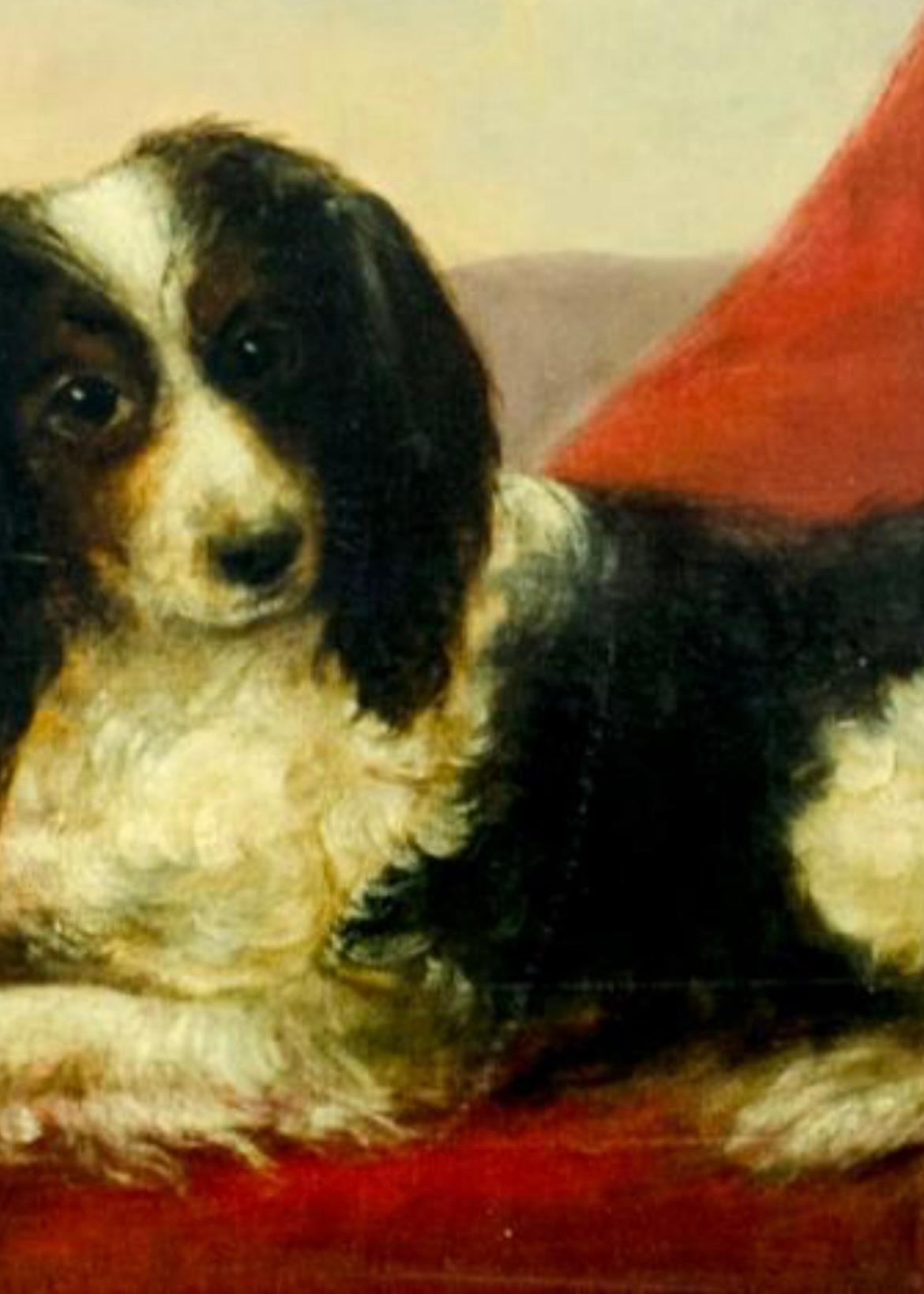 Spaniel europeo sobre tela roja con vista a la costa,  hacia 1800 1