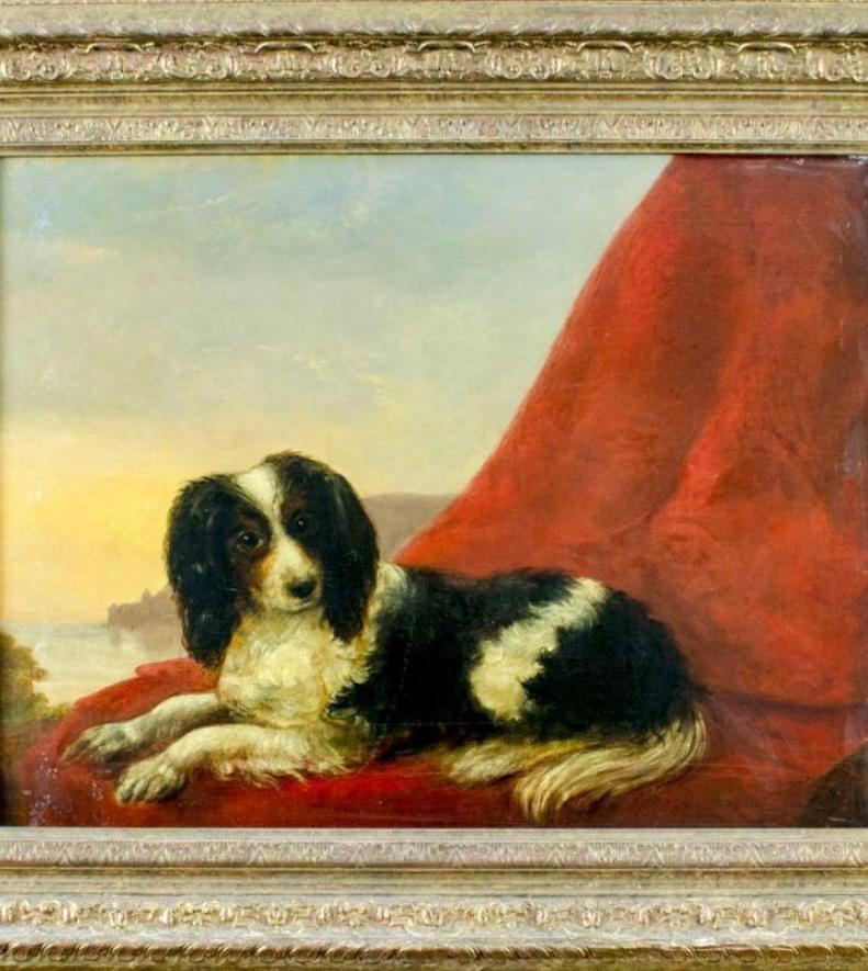 Spaniel europeo sobre tela roja con vista a la costa,  hacia 1800 - Painting de Unknown