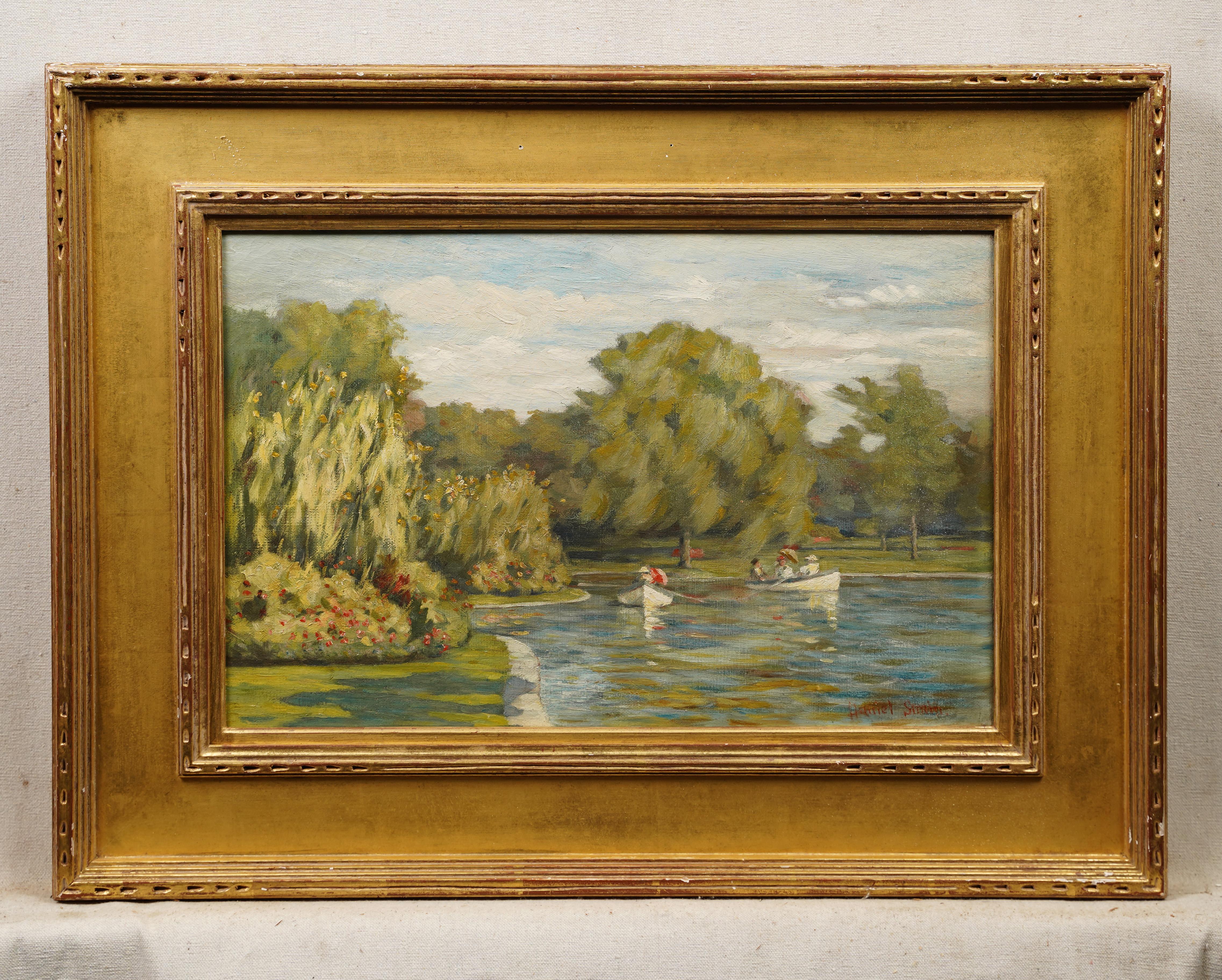 19th Century Female Boston School Public Gardens Swan Boat Framed Oil Painting For Sale 1