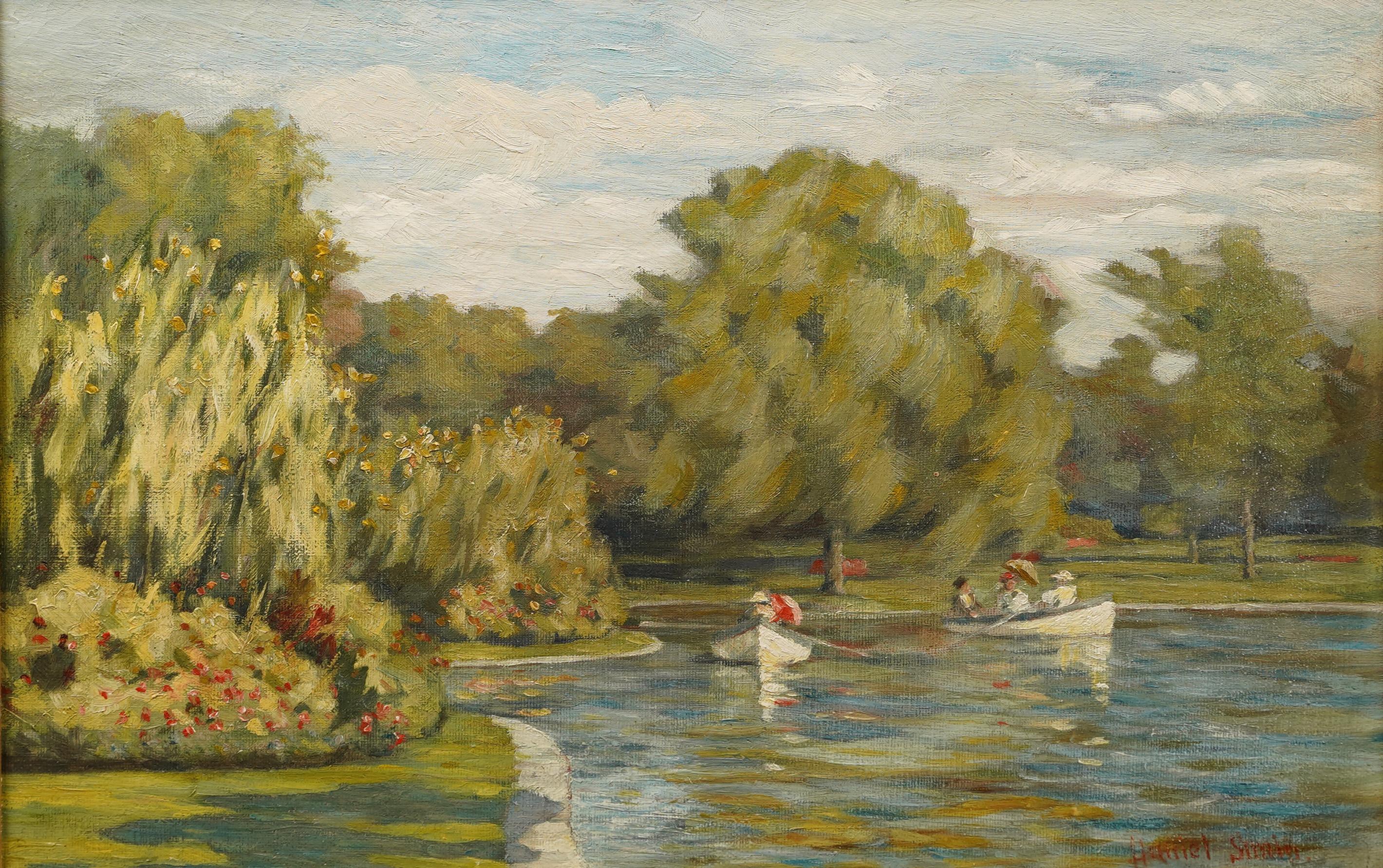 Cuadro al óleo enmarcado de la Escuela Femenina de Boston del siglo XIX Jardines públicos Barco cisne - Landscape Painting Marrón de Unknown