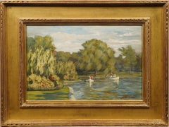 Peinture à l'huile encadrée du 19e siècle, Femme, Jardin public de l'école de Boston, Bateau-Swan