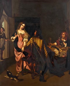 19th Century Flemish School Gallant Scene Oil Painting on Zinc