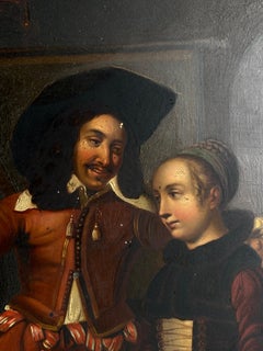 19th Century Flemish School Tavern Scene Oil Painting on Zinc