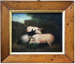 Antique 19th Century Folk Art Painting of Three Pigs