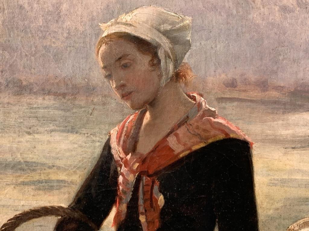 19th century French flandscape painting - Shepherdess figure - Oil canvas France For Sale 5