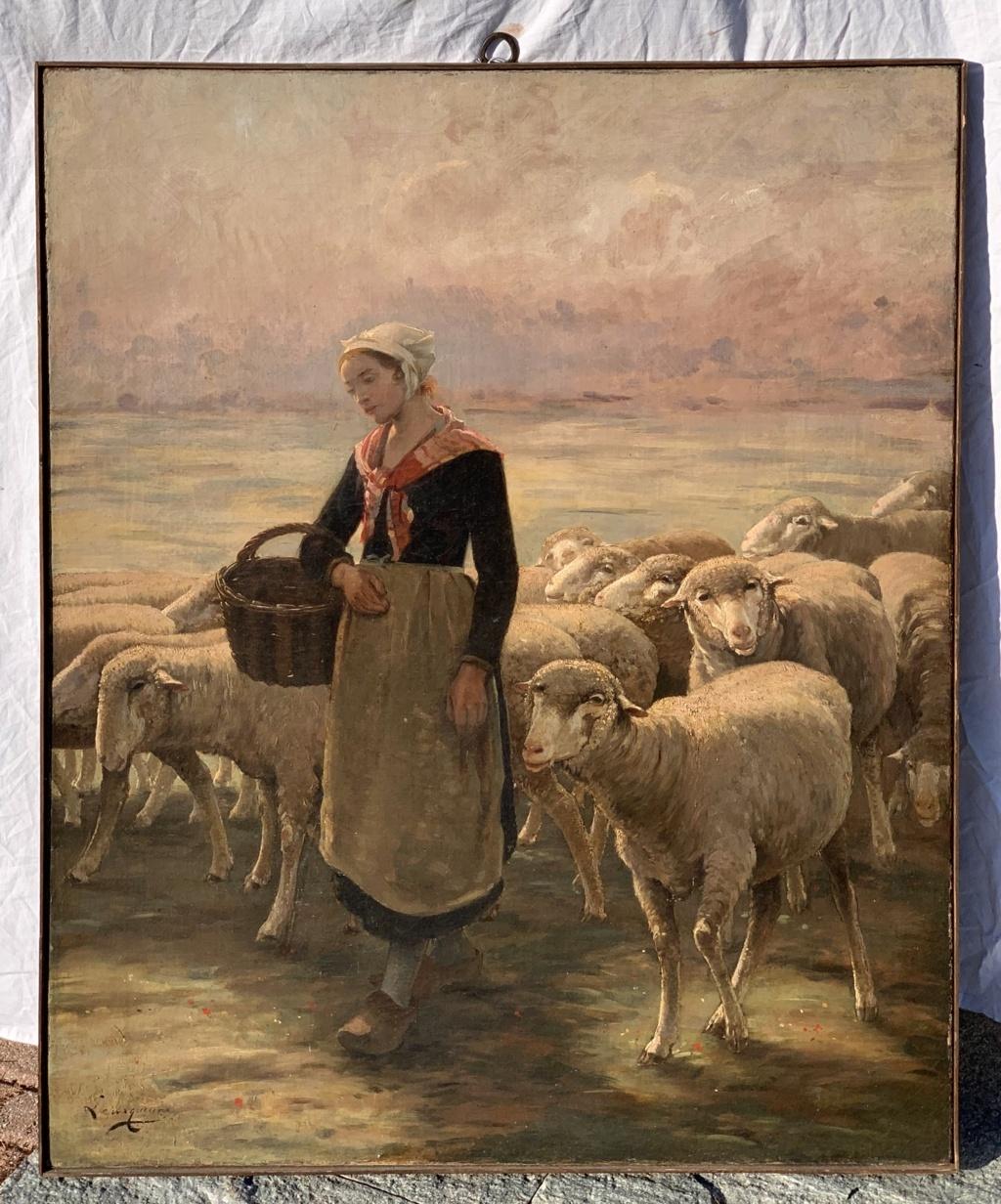 19th century French flandscape painting - Shepherdess figure - Oil canvas France - Painting by Unknown