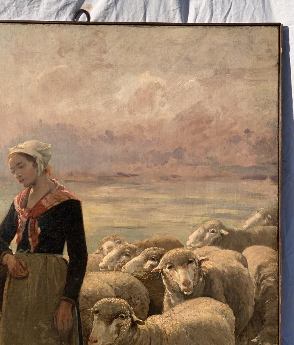 19th century French flandscape painting - Shepherdess figure - Oil canvas France - Romantic Painting by Unknown