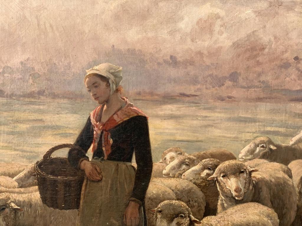 19th century French flandscape painting - Shepherdess figure - Oil canvas France - Brown Landscape Painting by Unknown