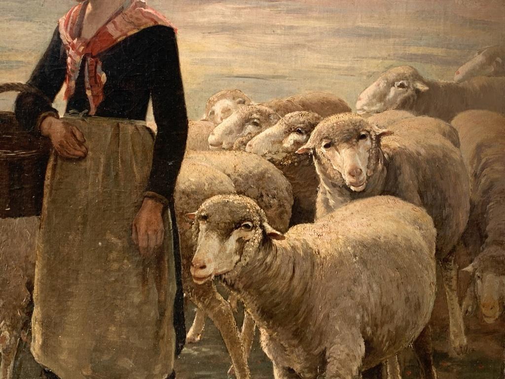 19th century French artist - Peasant girl with flock.

92.5 x 73 cm.

Oil on canvas, unframed.

- Work signed lower left. - Provenance: Private collection, Udine.

Condition report: Painting subjected to relining. Good state of conservation of the