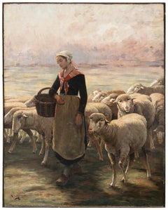 Antique 19th century French flandscape painting - Shepherdess figure - Oil canvas France