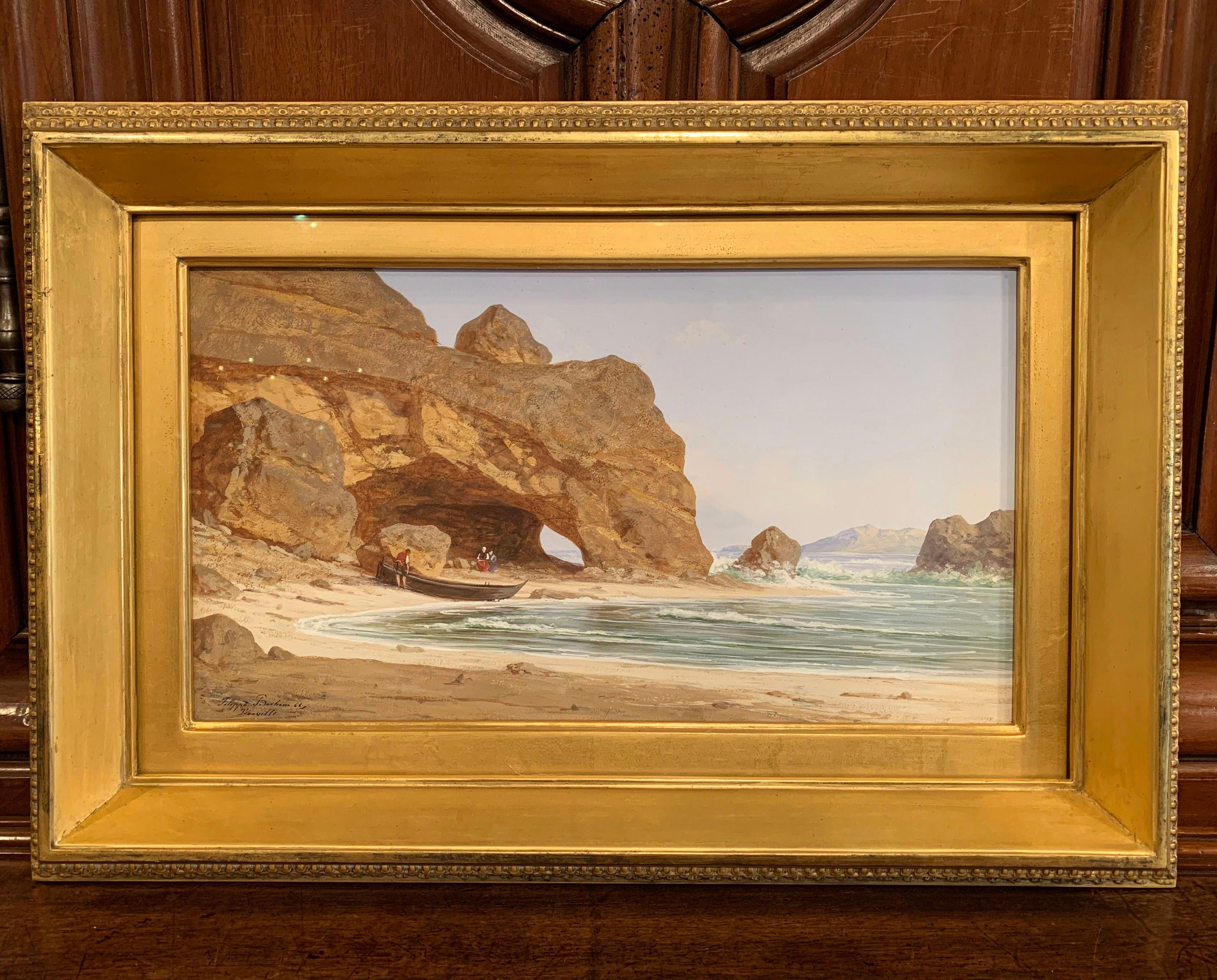 This serene, antique gouache on paper depicts the Normand coast in Trouville, France. The colorful, seascape is set in a carved gilt frame and is protected with a piece of glass. The peaceful landscape painting is signed and dated in the lower left