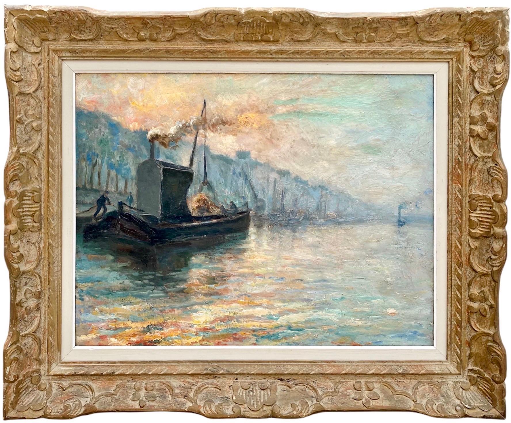 Large 19th century French impressionist cityscape oil painting Monet Seine Paris