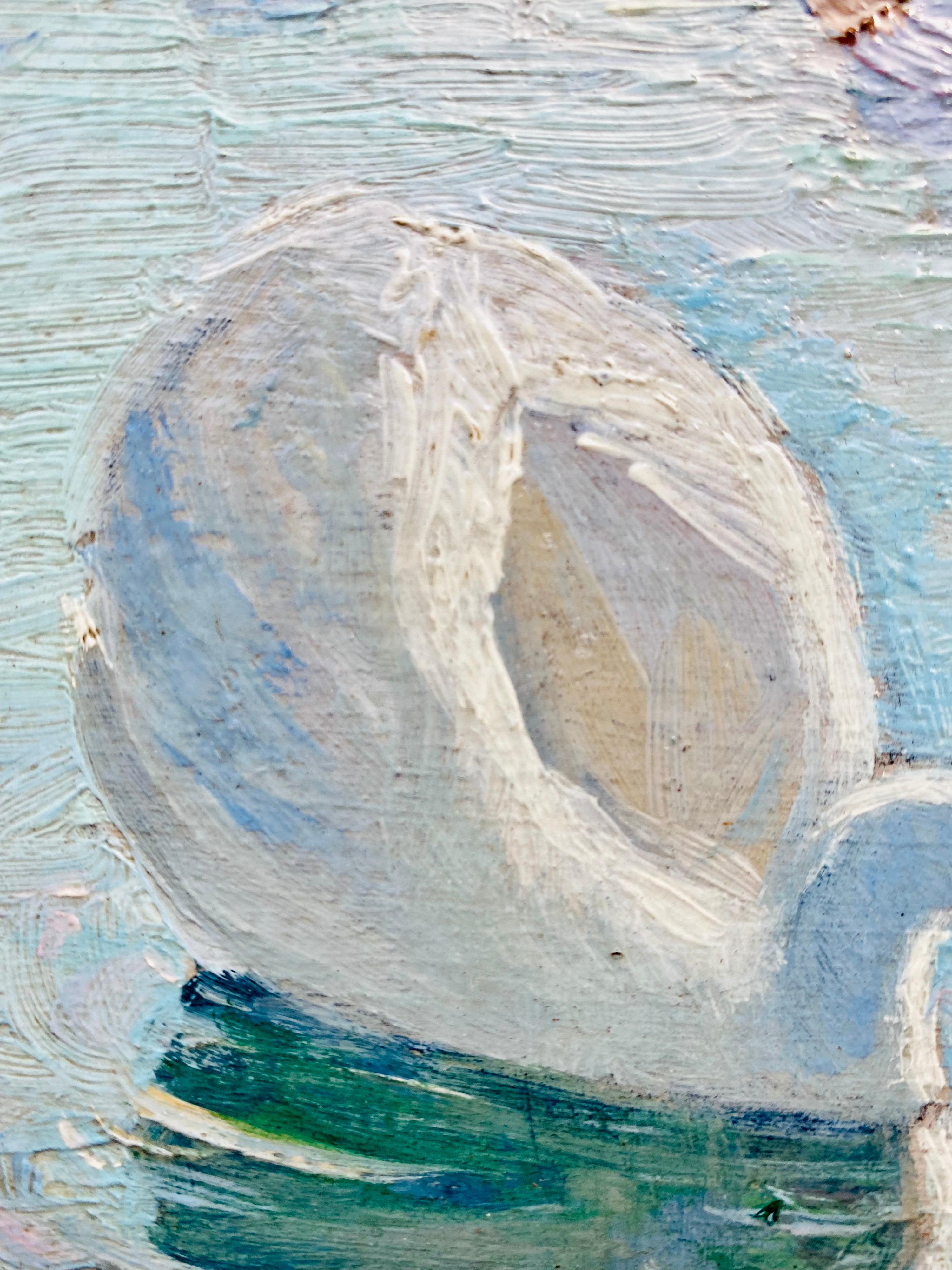 Romantic French Ecole de Paris Painting - Swan in a lake  6