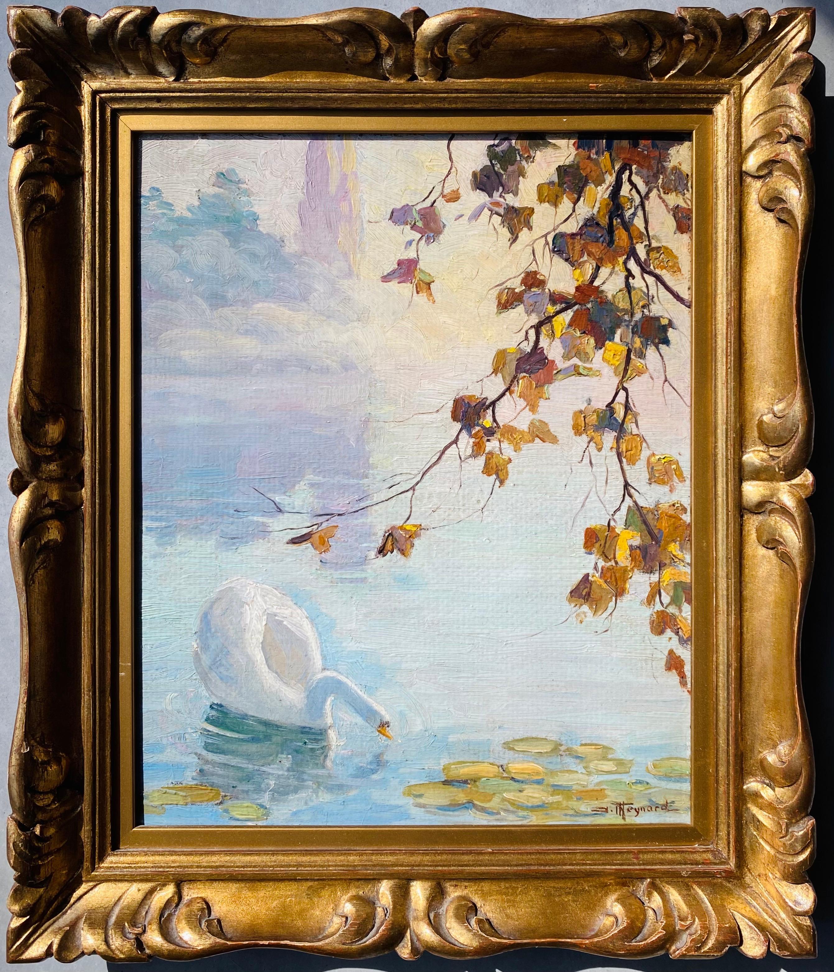Unknown Figurative Painting - Romantic French Ecole de Paris Painting - Swan in a lake 