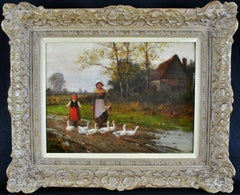 Leading the Geese - 19th Century French Impressionist Barbizon Antique Painting