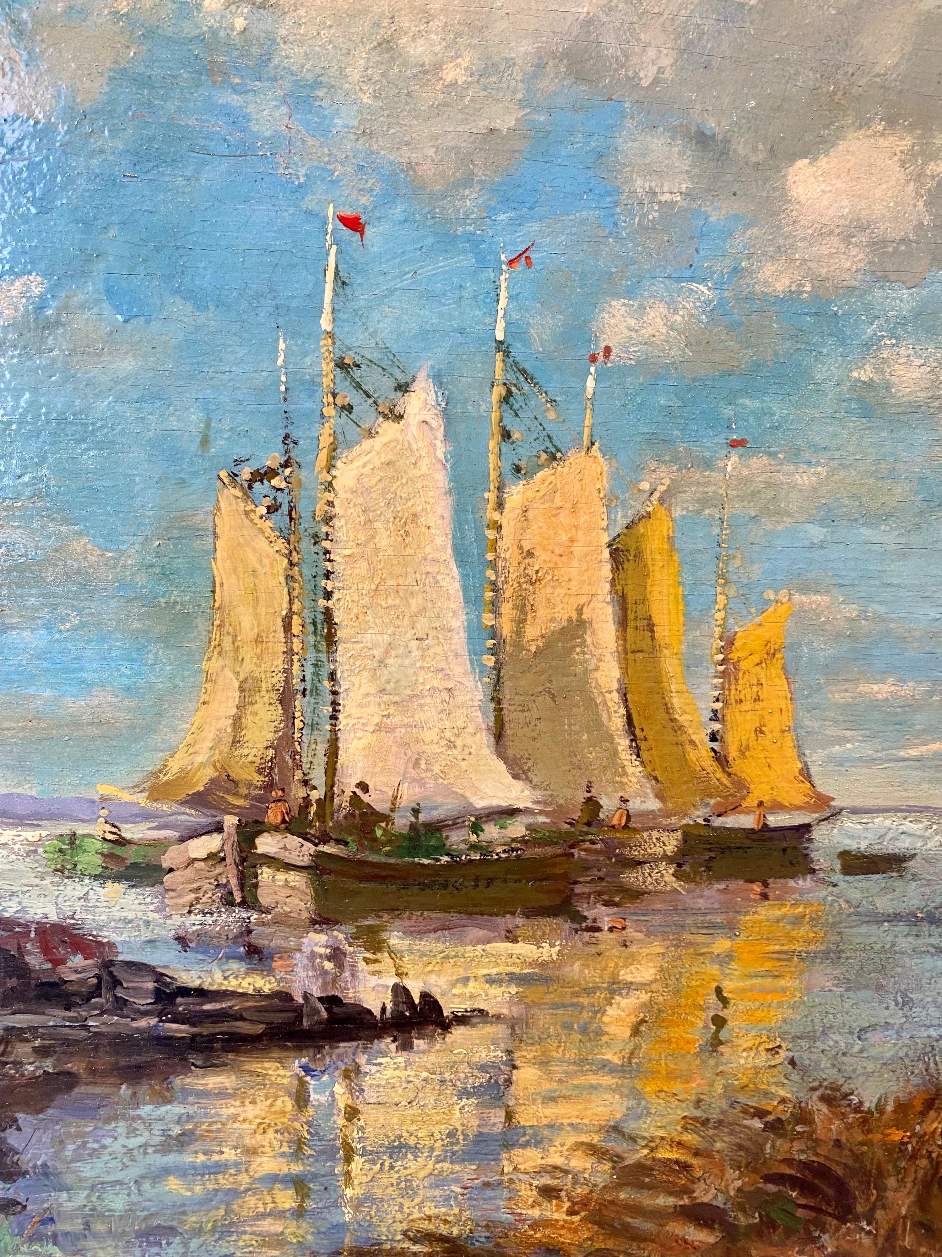 Large French impressionist seascape - Sailing Boats Sea Harbour - Impressionist Painting by Unknown