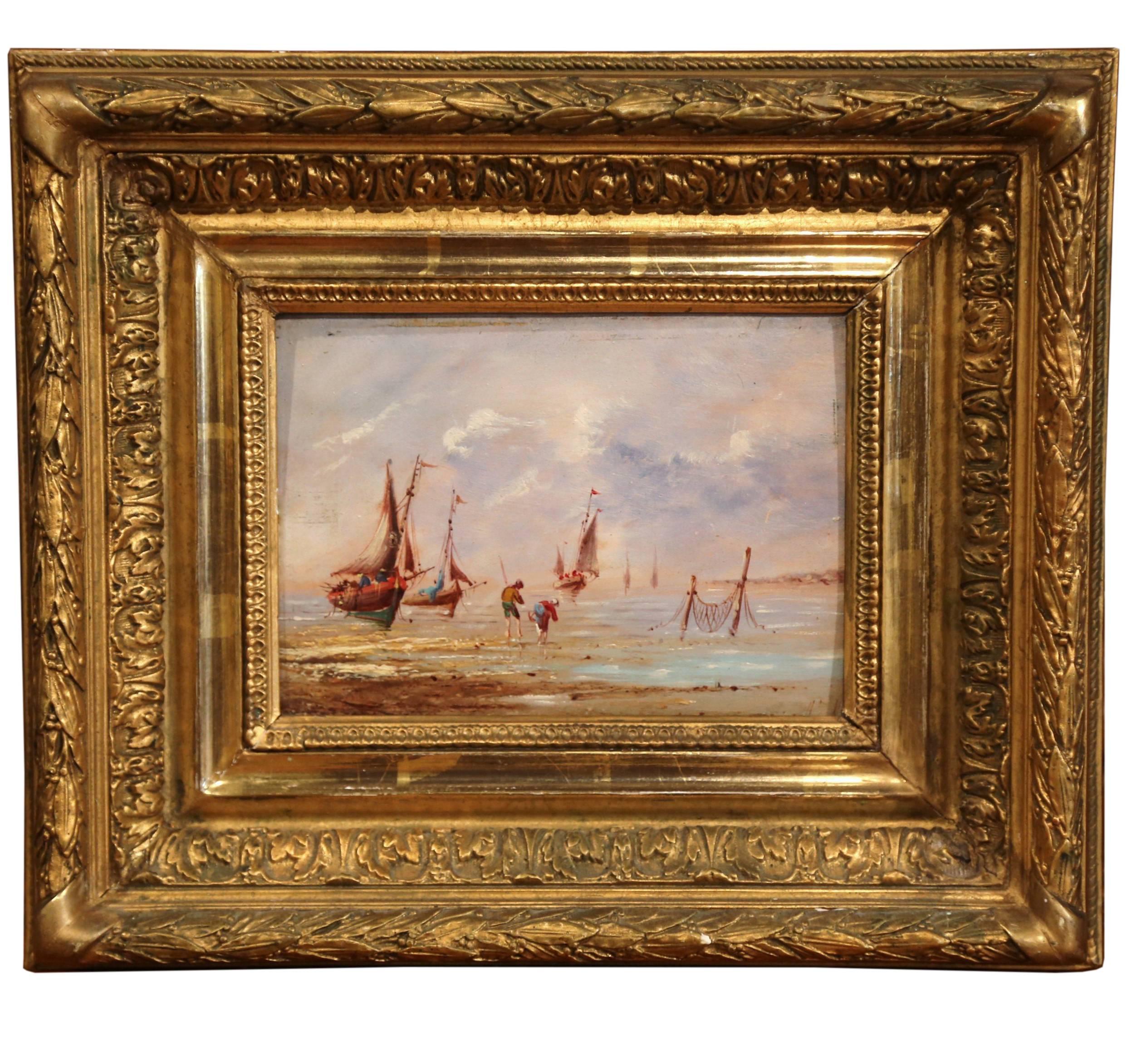 Unknown Landscape Painting - 19th Century French Oil on Board Beach Painting in Carved Gilt Wood Frame