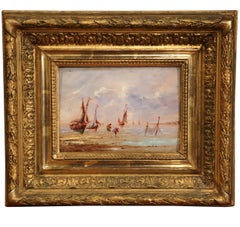 19th Century French Oil on Board Beach Painting in Carved Gilt Wood Frame