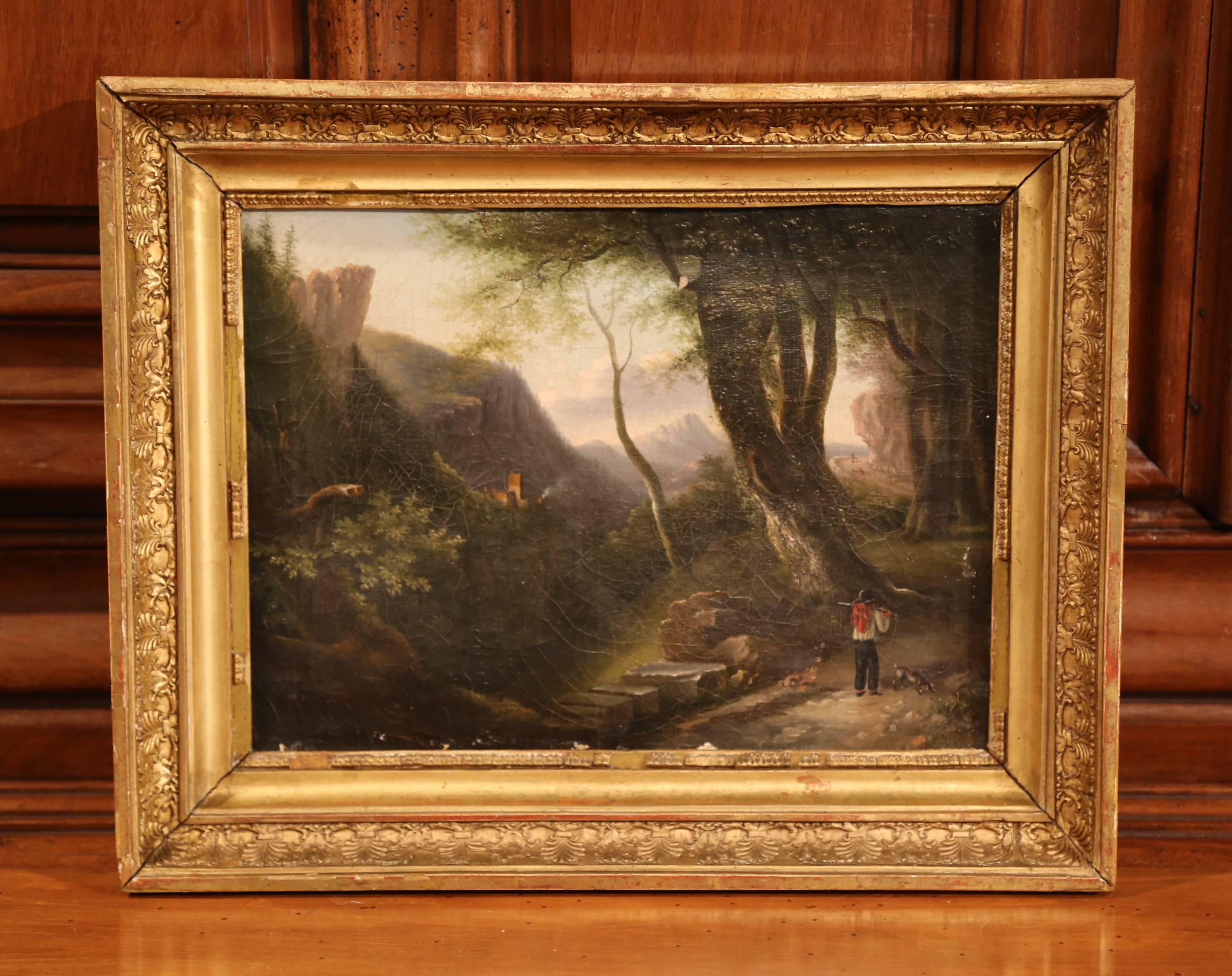 19th Century French Oil on Canvas Pastoral Painting in Original Gilt Frame - Brown Landscape Painting by Unknown