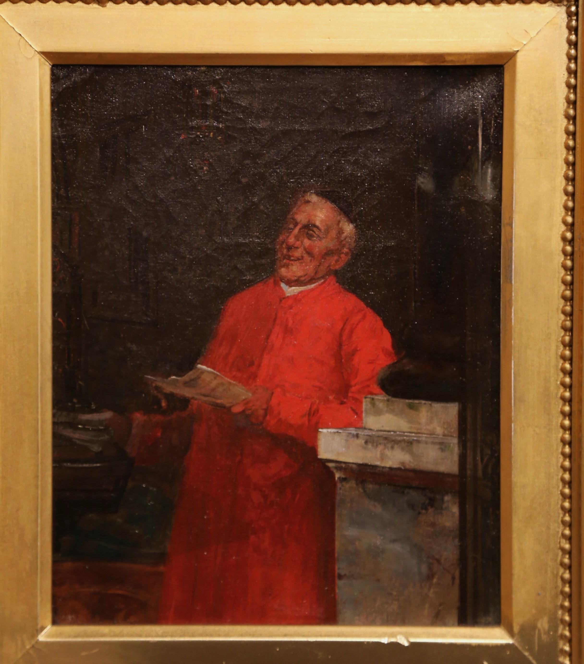 19th Century French Oil on Canvas Priest Painting in Gilt Frame - Brown Figurative Painting by Unknown