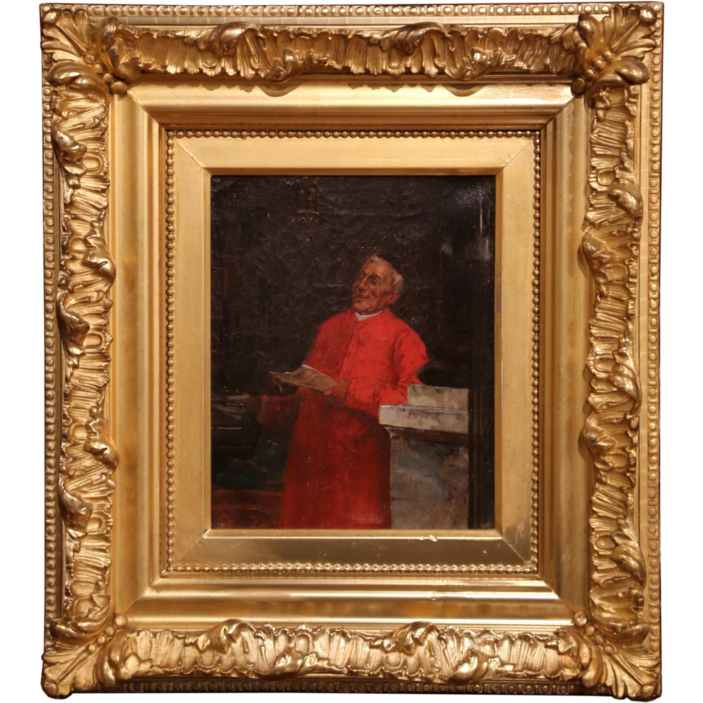 Unknown Figurative Painting - 19th Century French Oil on Canvas Priest Painting in Gilt Frame
