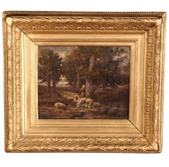 19th Century French Oil on Canvas Sheep Painting in Gilt Wood Frame