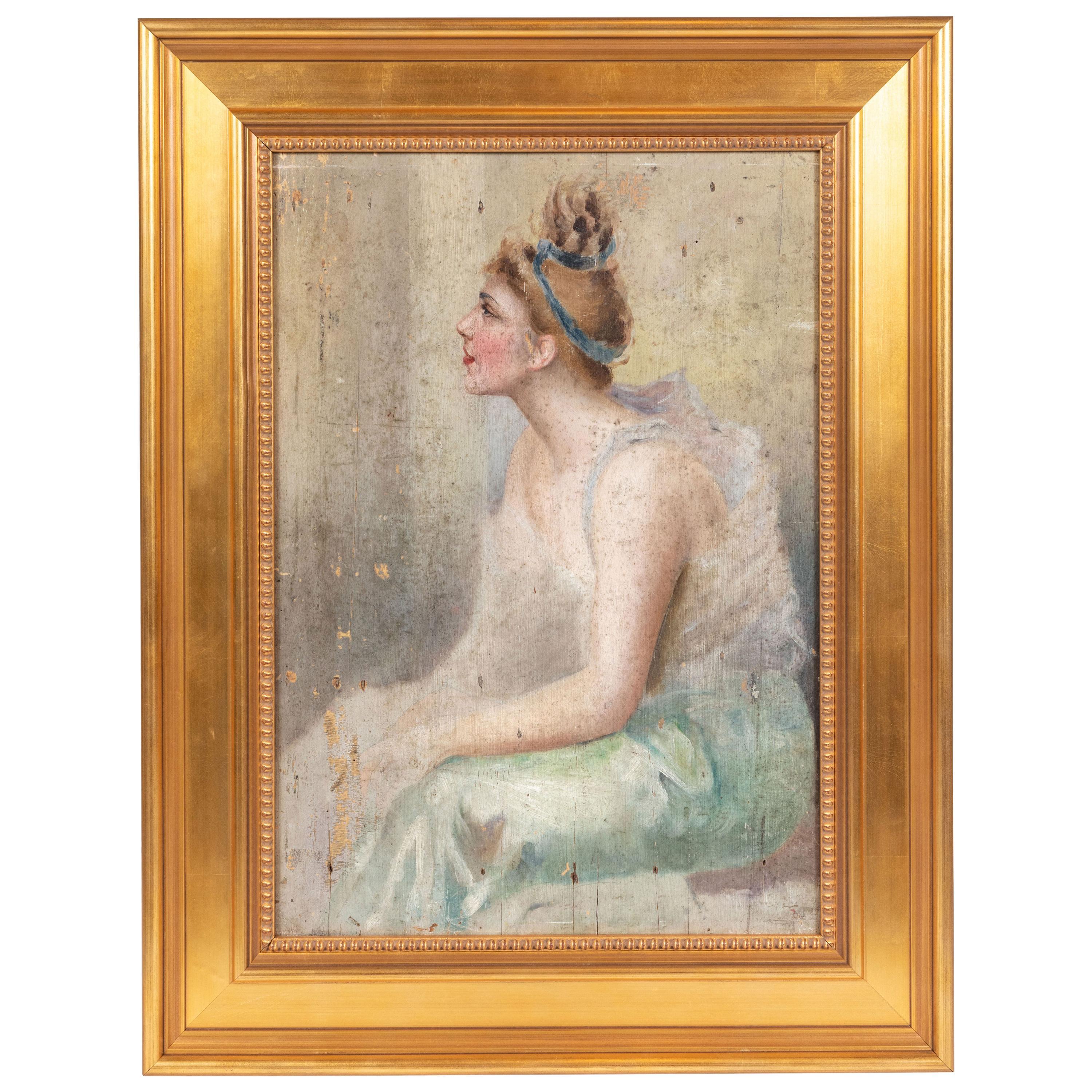 Sensitively rendered, original, oil-on-board portrait of a seated ballerina in costume. Acquired in Paris from a private collection of period paintings and drawings.
