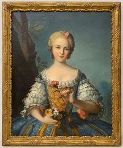 19th Century French Oil Portrait of a Young Woman with Flowers