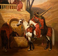 19th Century French Orientalist Portrait Horses Desert Initialed
