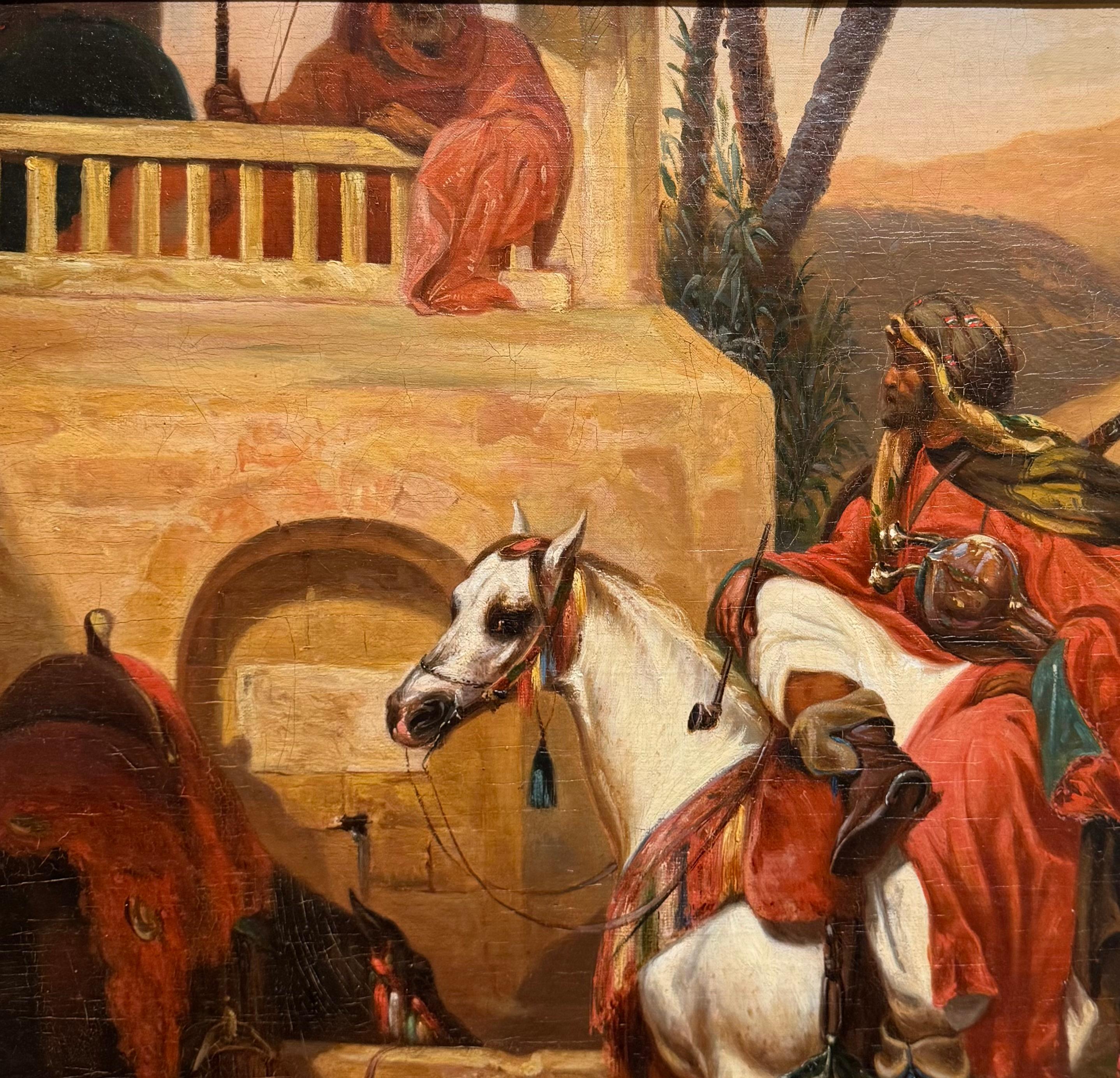 Ritratto orientalista francese del XIX secolo Cavalli del deserto con iniziali - Animal Painting Marrone di Unknown