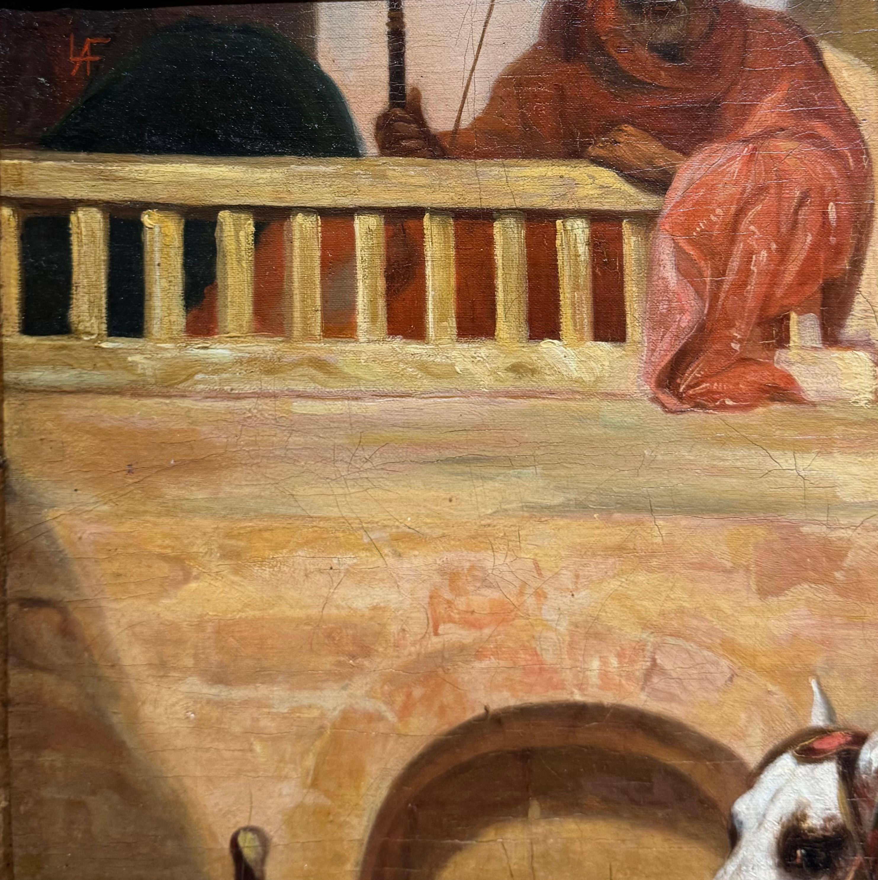 Questo dipinto a olio orientalista francese del XIX secolo è siglato dall'artista in alto a sinistra e presenta una figura centrale in cima a un cavallo vestita con abiti da deserto e con un fucile e una pipa. Si trova accanto a un altro cavallo che