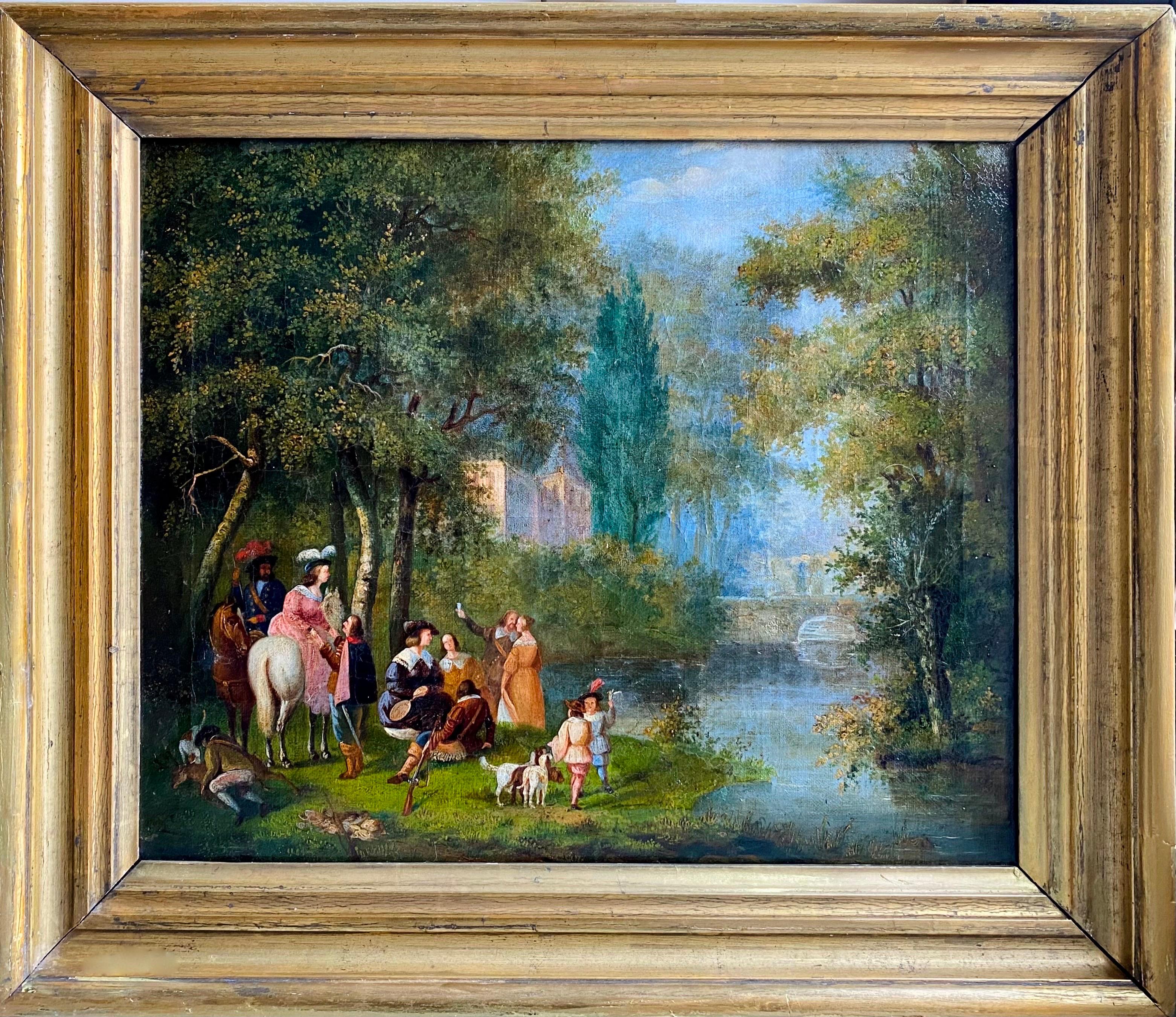 Unknown Figurative Painting - 19th century French romantic painting - Celebrations in a park landscape