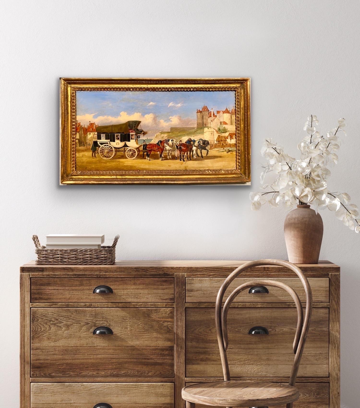 19th century French romantic painting - Le chateau de Dieppe - horse carriage  2