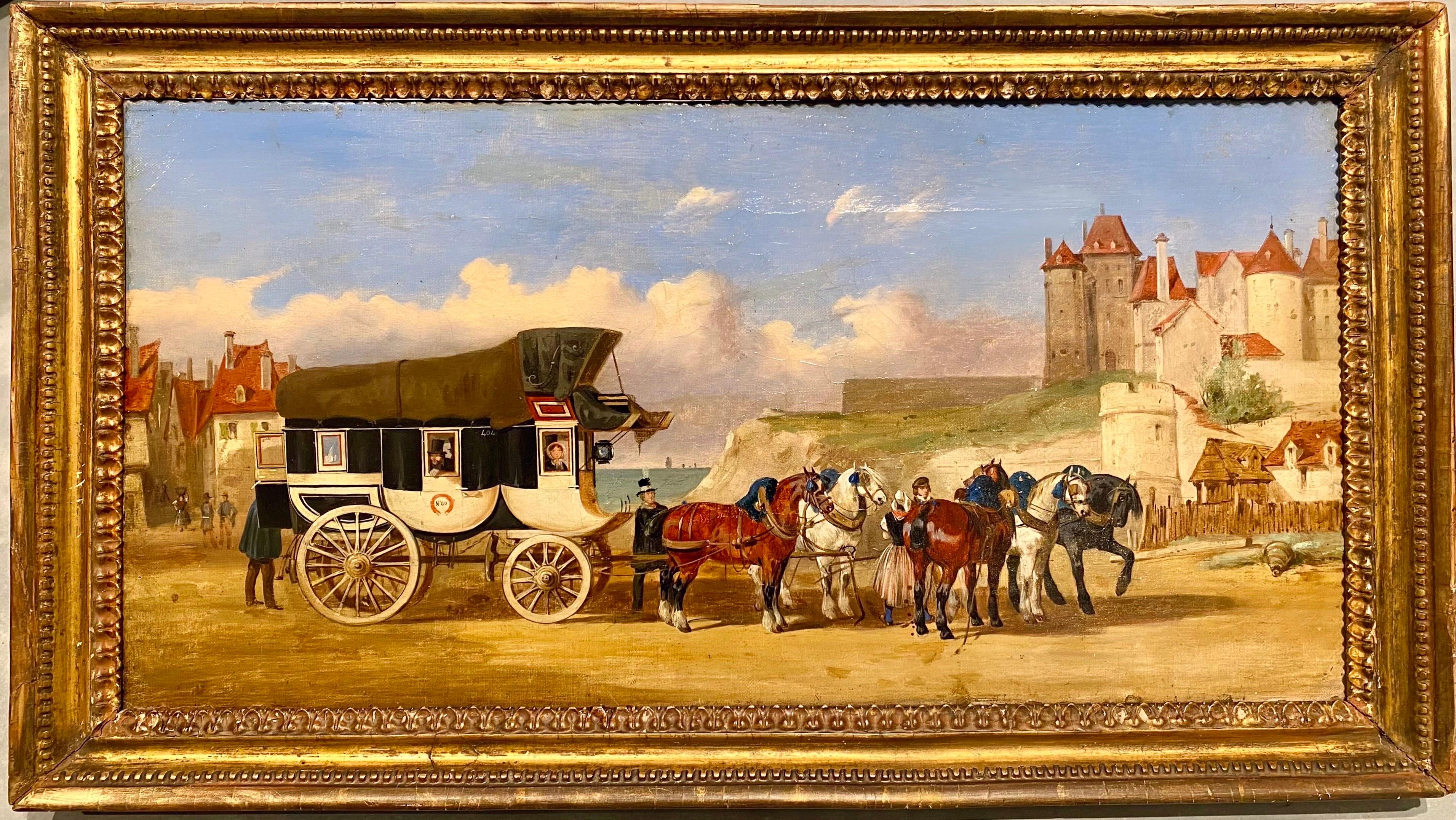 Unknown Figurative Painting - 19th century French romantic painting - Le chateau de Dieppe - horse carriage 