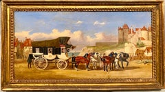 19th century French romantic painting - Le chateau de Dieppe - horse carriage 