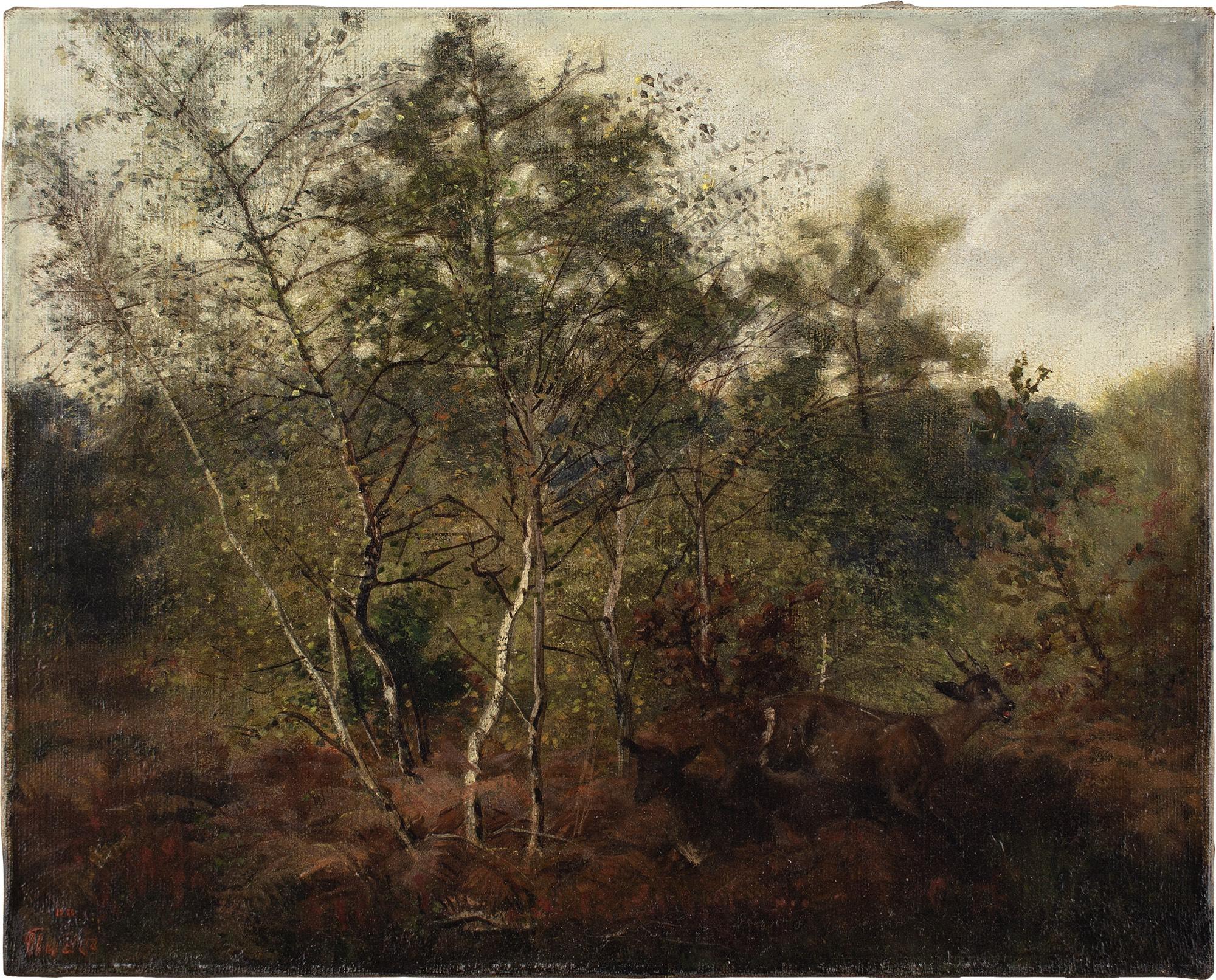 Unknown Animal Painting - 19th-Century French School, Chevreuils En Forêt