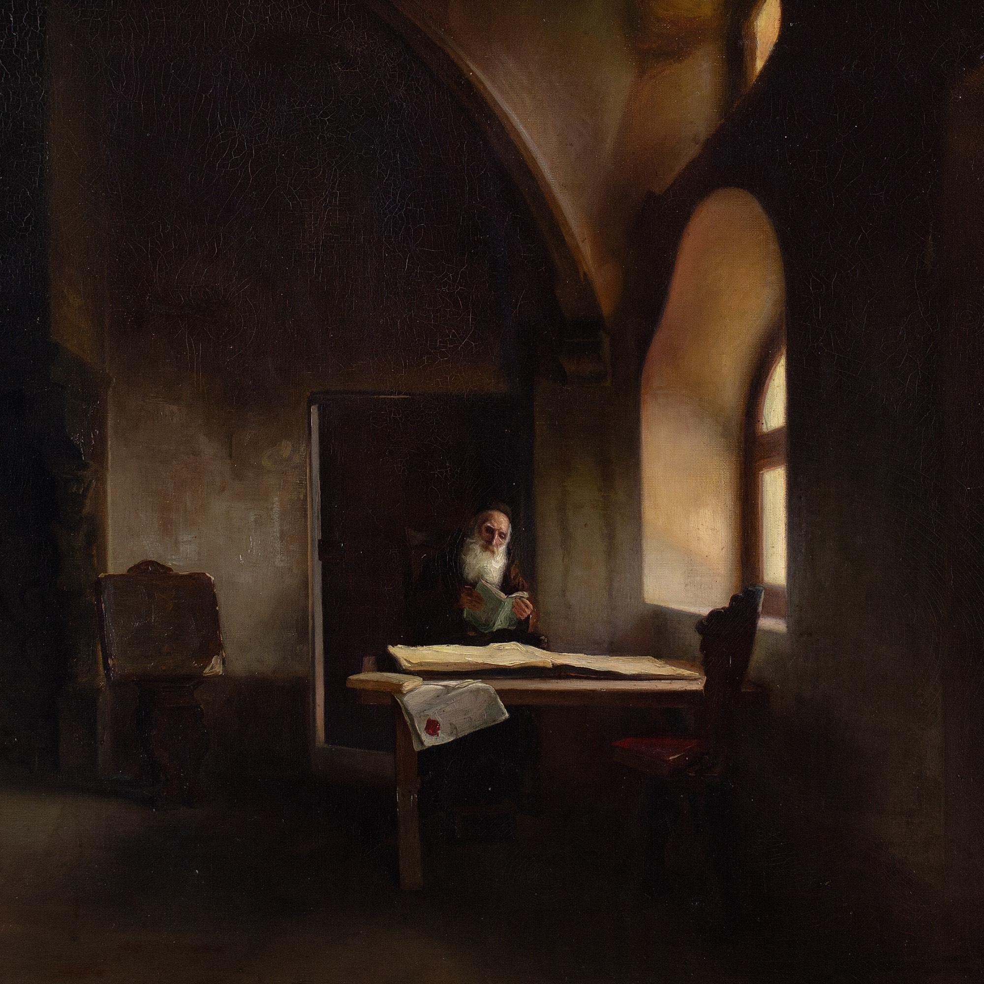 This 19th-century oil on canvas depicts a sparse church interior with a seated capuchin friar. It’s an accomplished rendering of light amid the unusual forms of medieval stone.

Before him, a large document spans the width of an oak table. While