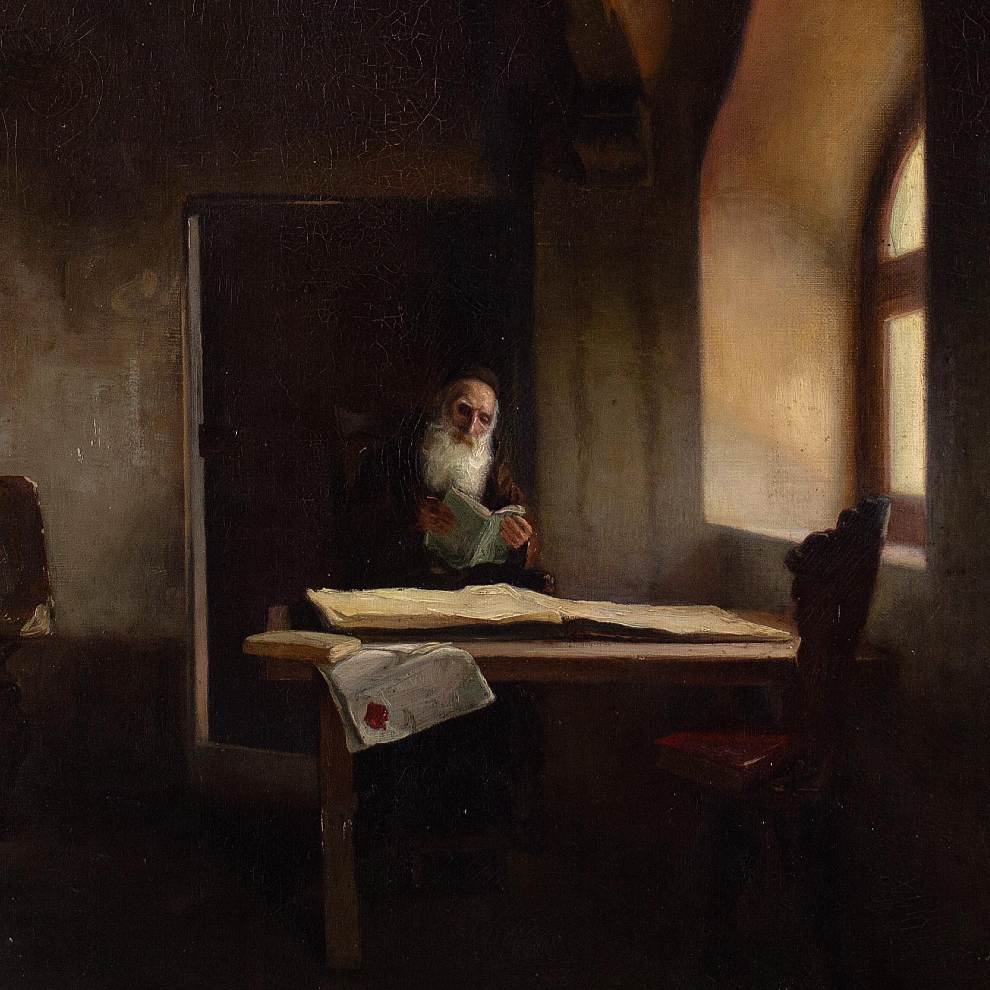 19th-Century French School, Church Interior With Capuchin Friar, Oil Painting 3