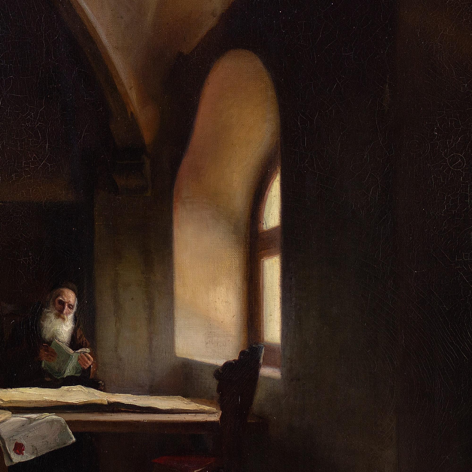 19th-Century French School, Church Interior With Capuchin Friar, Oil Painting 4