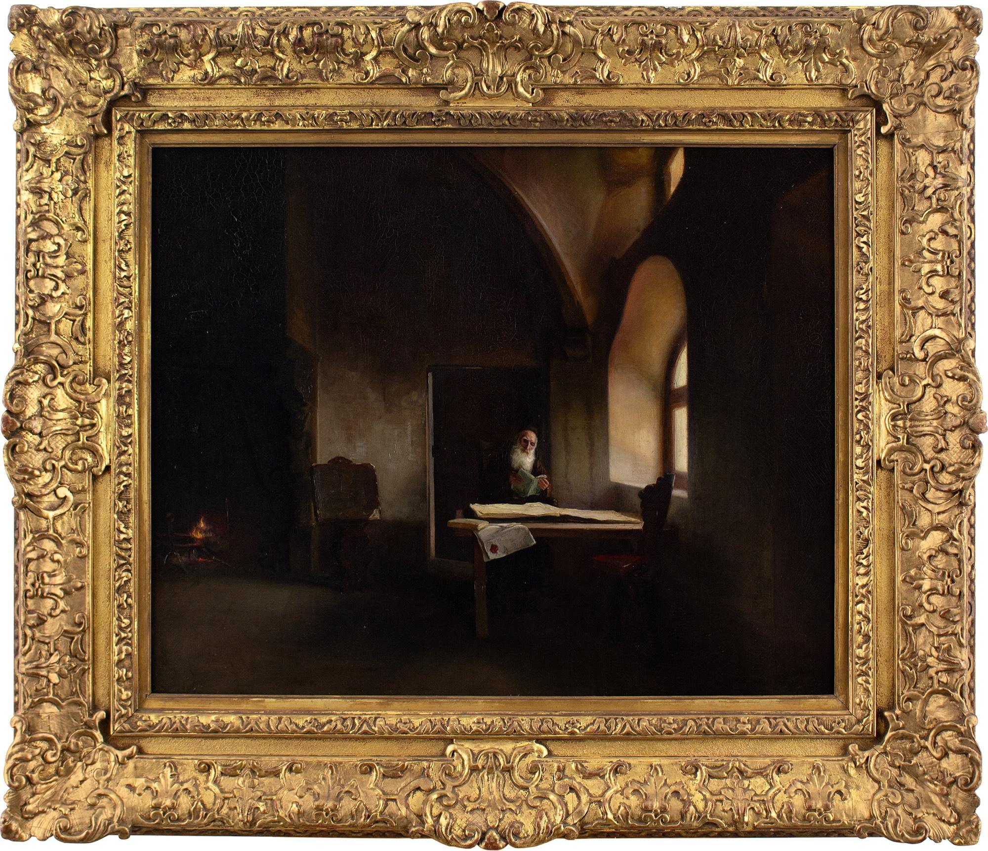 Unknown Interior Painting - 19th-Century French School, Church Interior With Capuchin Friar, Oil Painting