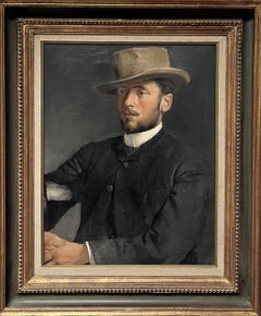 Scuola francese del XIX secolo , Ritratto di uomo con cappello, olio su tela